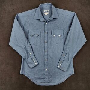 Rockmount Ranch Wear Western Shirt Mens Small Blue Stripe Relaxed Fit Snap USA
